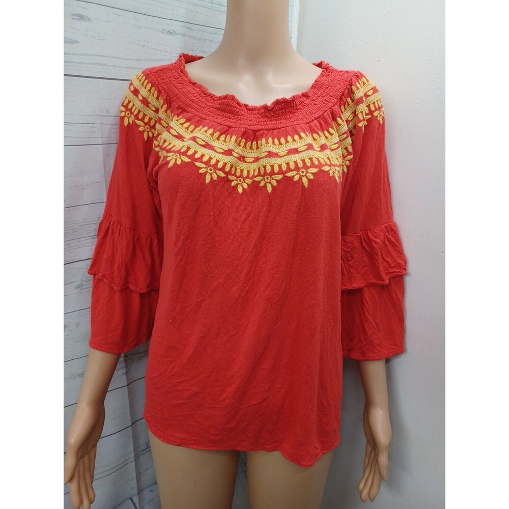 South Main Red Coral Top Embroidered Ruffles Blouse M